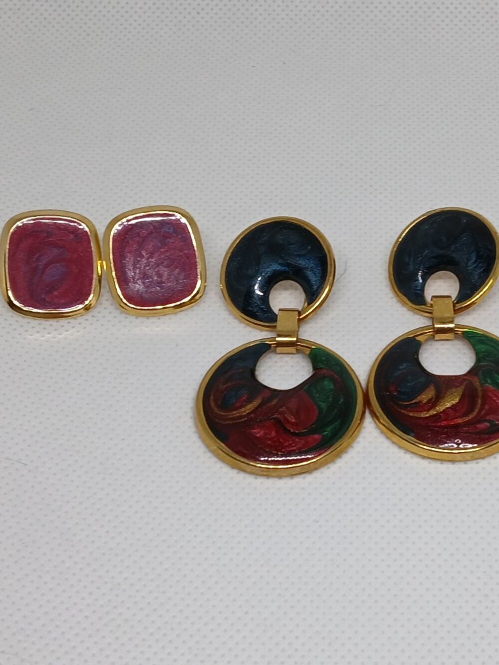 Two Pair Red & Multi Gold Tone Enamel Stud Earrings Vintage Costume Jewelry #98